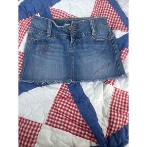 Vintage Y2K Bongo Juniors Blue‎ Cotton Denim Raw Hem Mini Jean Skirt Size 1